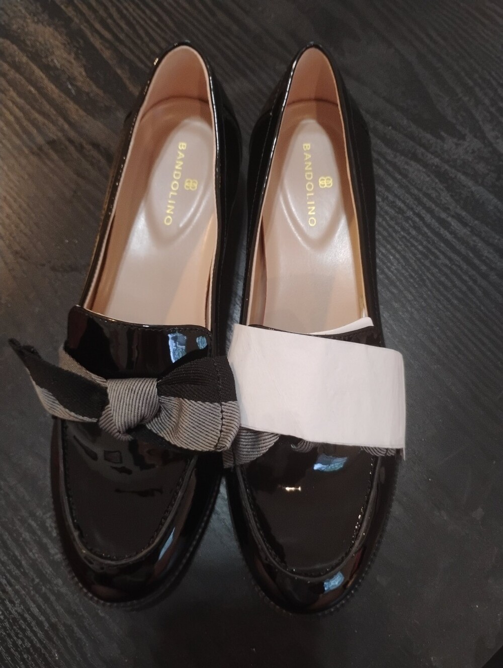 Bandolino Shiny Black Patent Loafers with Striped Bow Accent